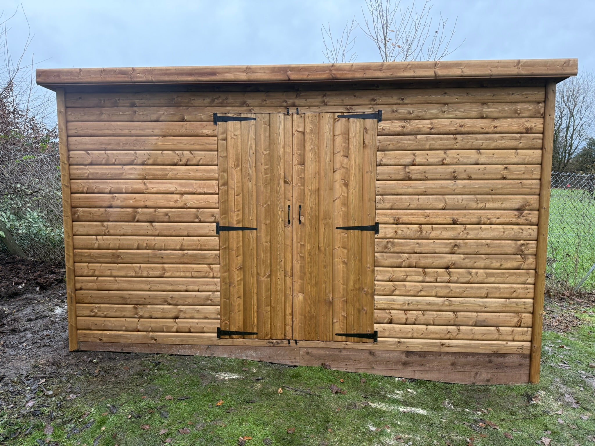 12ft x 8ft 19mm Log Roll Pent Shed Double Doors